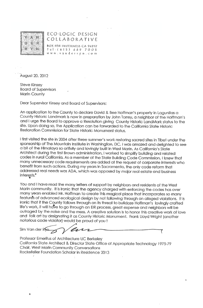 Sim Van der Ryn Letter, August 20, 2012﻿
