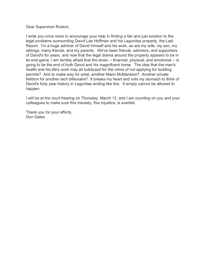 Don Gates Letter to Supervisor Rodoni, March 8th, 2020