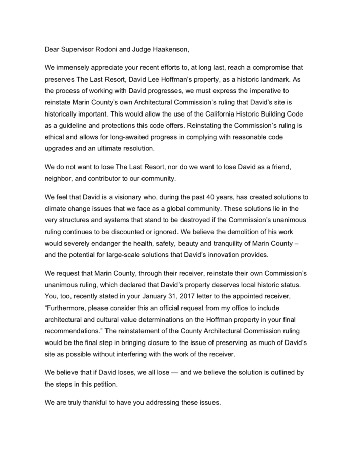 Leiza Stark Letter to Supervisor Rodoni and Judge Haakenson, Page 1, March 8th, 2020