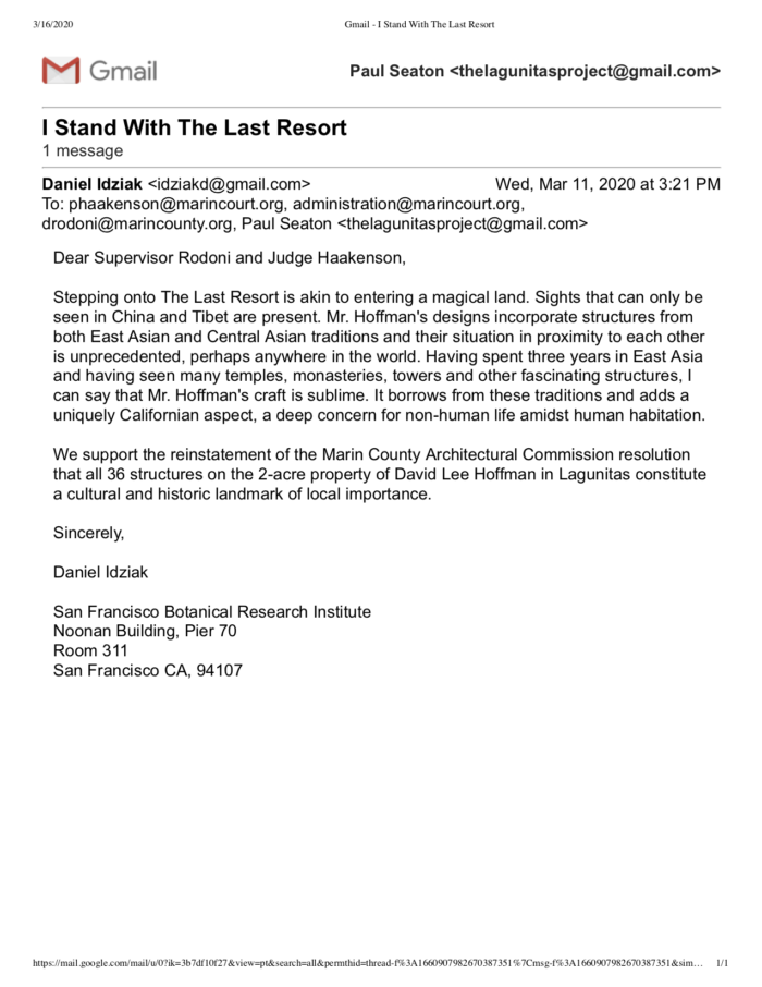 Daniel Idziak Email to Supervisor Rodoni and Judge Haakenson.